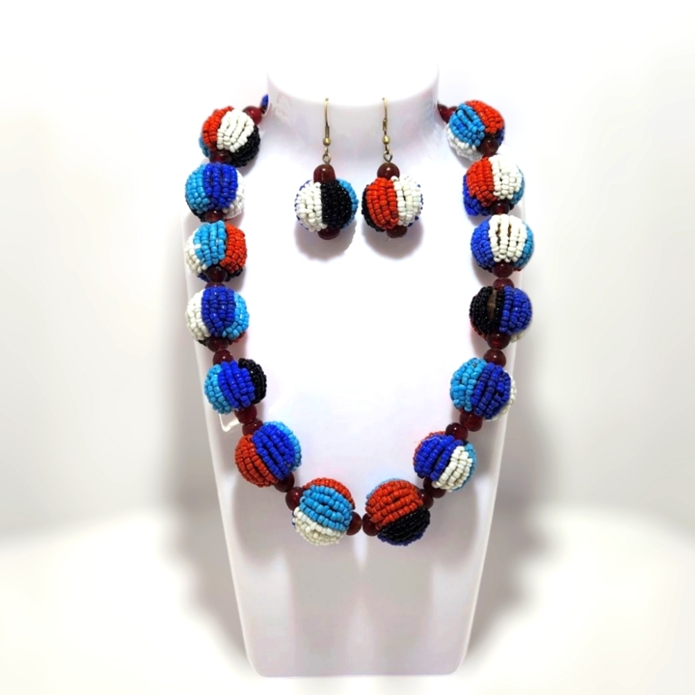 Striped Seed Bead Ball Multicolor Necklace and Earring Set